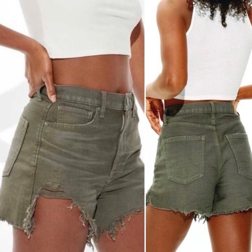 NWT American Eagle Highest Rise Mom Short Size 12 Olive Green Distressed Denim